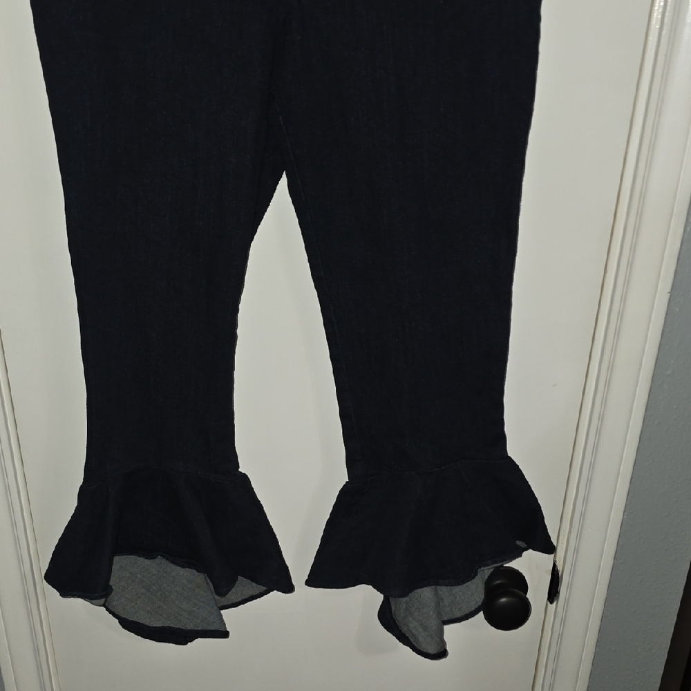 Donna DEGNAN Dark Denim Flared Ruffle Hem Jeans Sz 8 - Picture 5 of 10